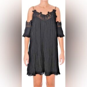 Aqua off the shoulder pleated lace trim black mini dress